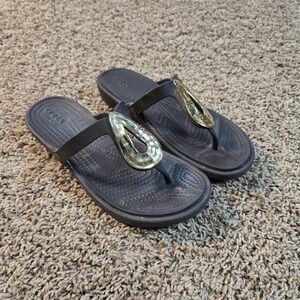 Crocs Wedge Sandal Women SZ‎ 8 Sanrah Metallic Espresso Comfort Flip Flop